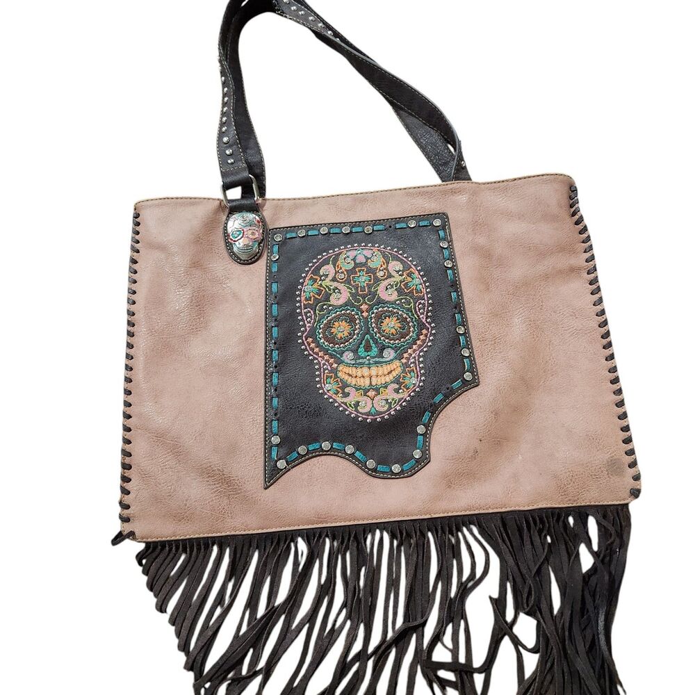 Montana West Sugar Skull Fringe Tote Western Boho Studded Shoulder Bag